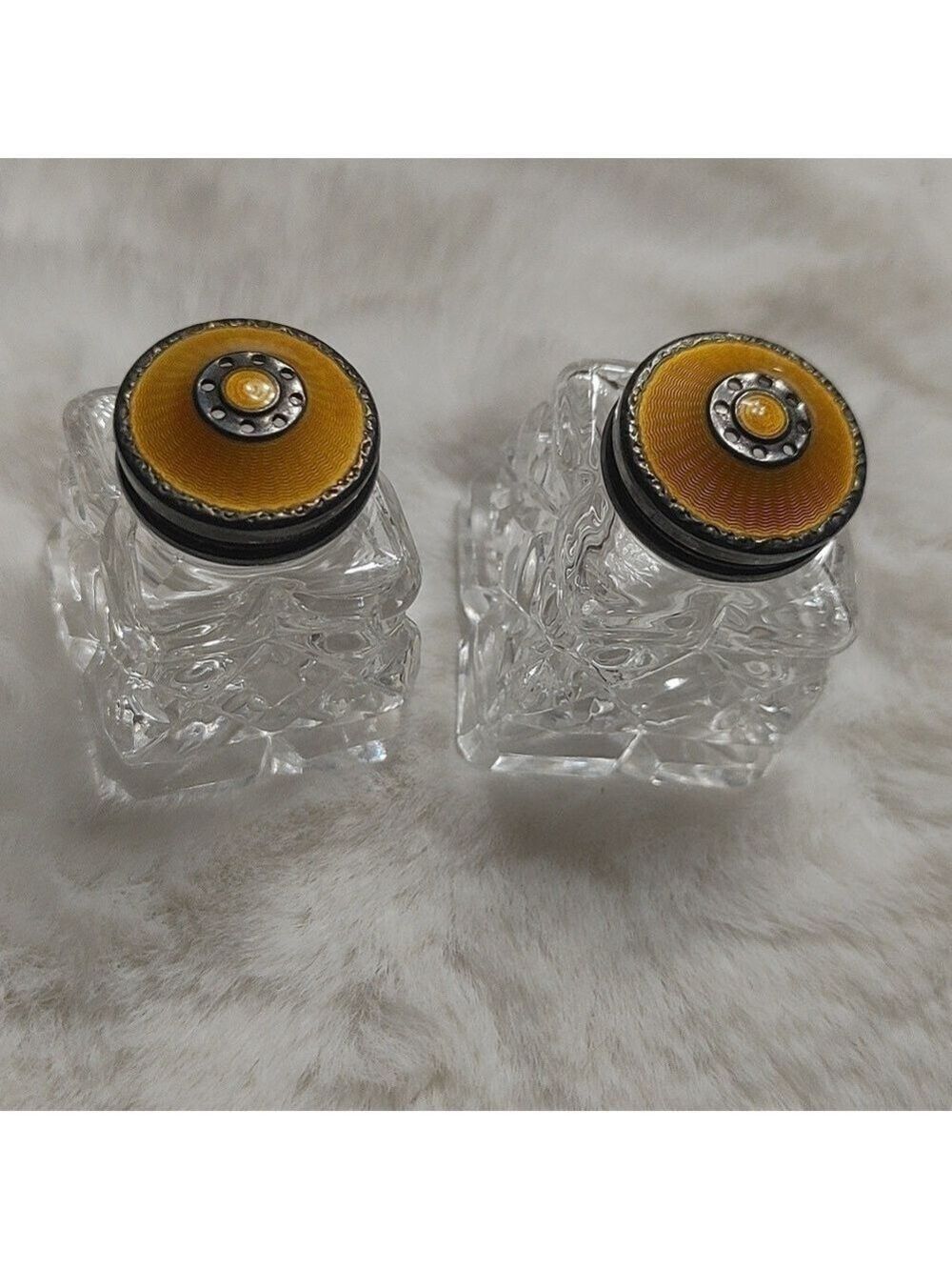Pair of Vintage Norway Sterling and Guilloche Enamel Crystal Salt & Pepper Shake